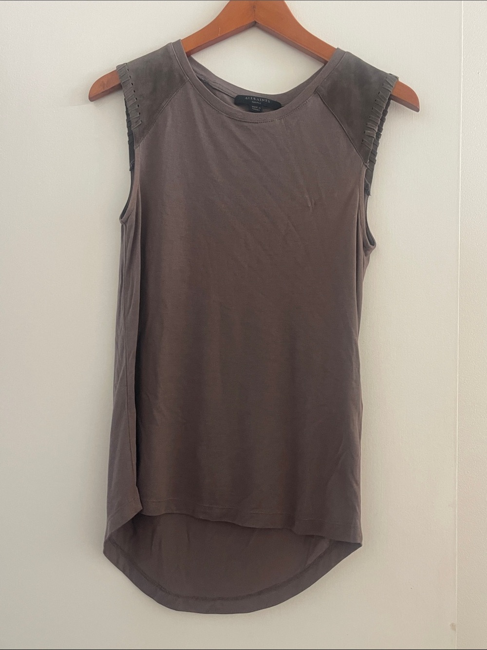 AllSaints Taupe Braided-Trim Sleeveless Tank with suede shoulder trim